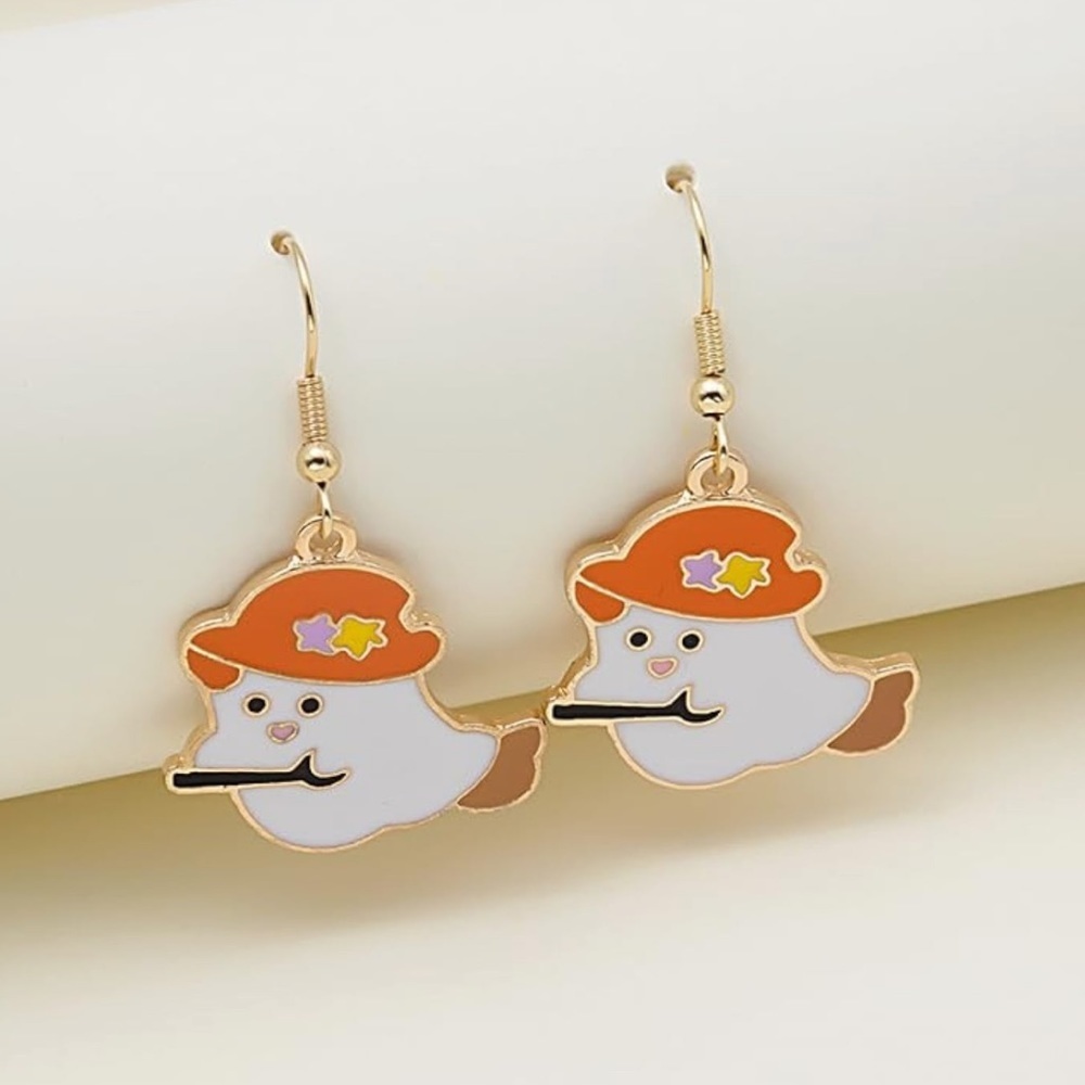 Gold Ghost On Broom Halloween Earrings